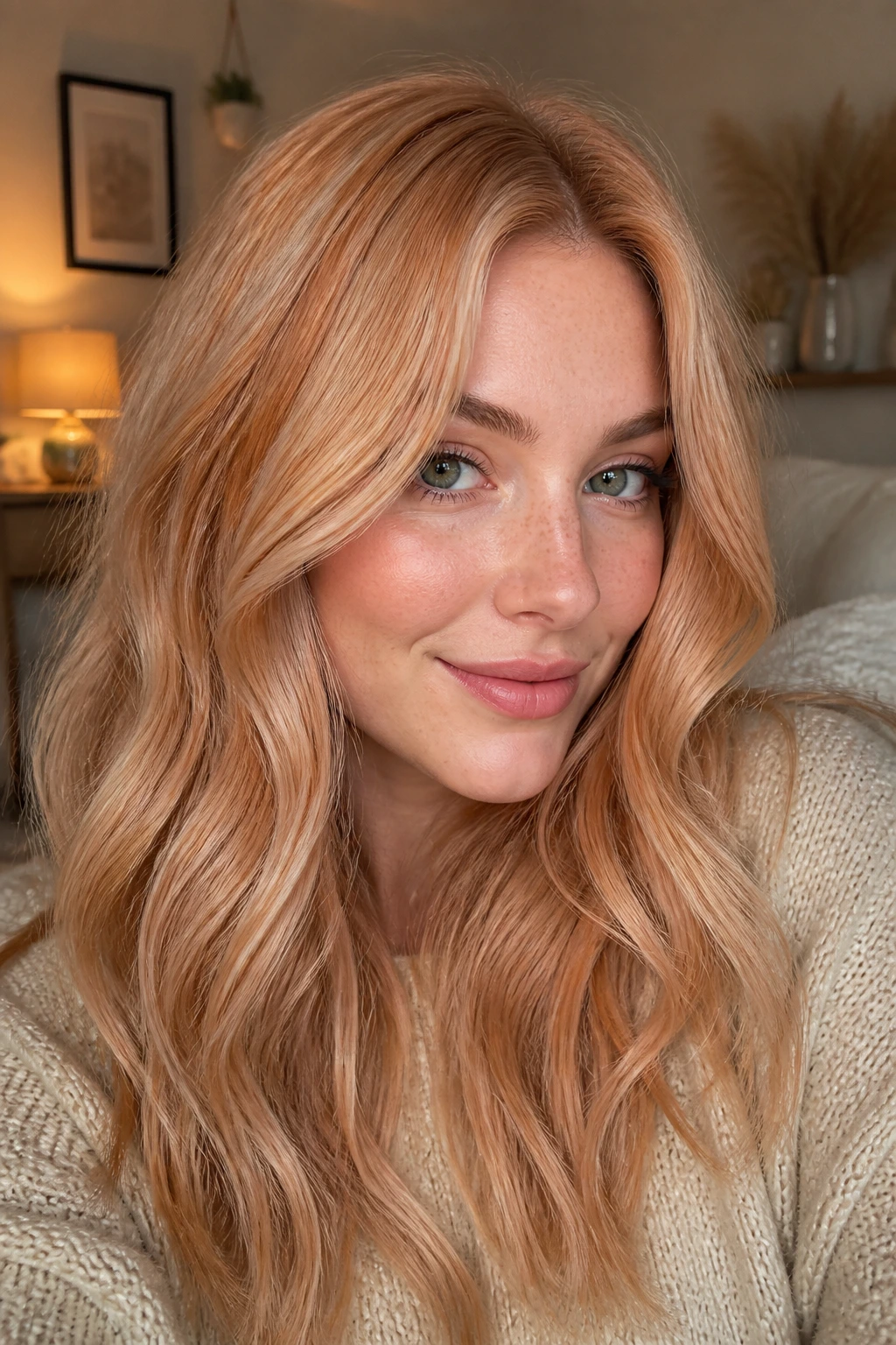 Close-up of a real person with creamy strawberry blonde hair in soft waves in a cozy room.