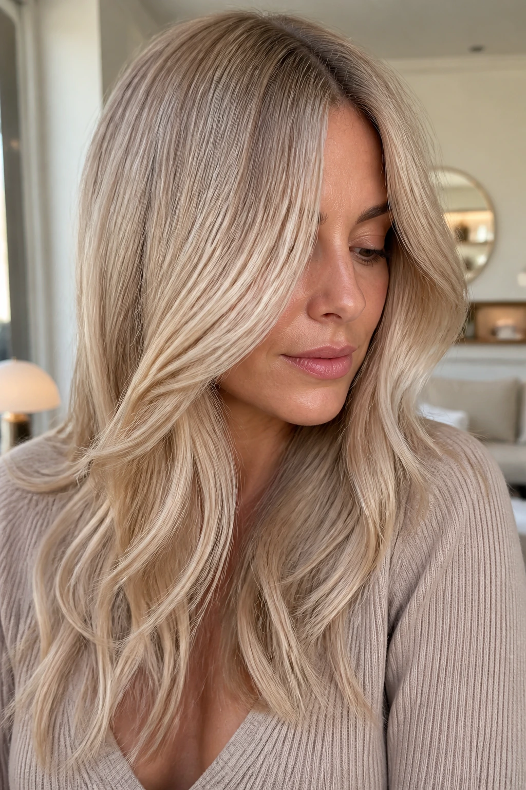 Close-up of a real woman with Creamy Suede Blonde hair in muted beige tones and matte finish.