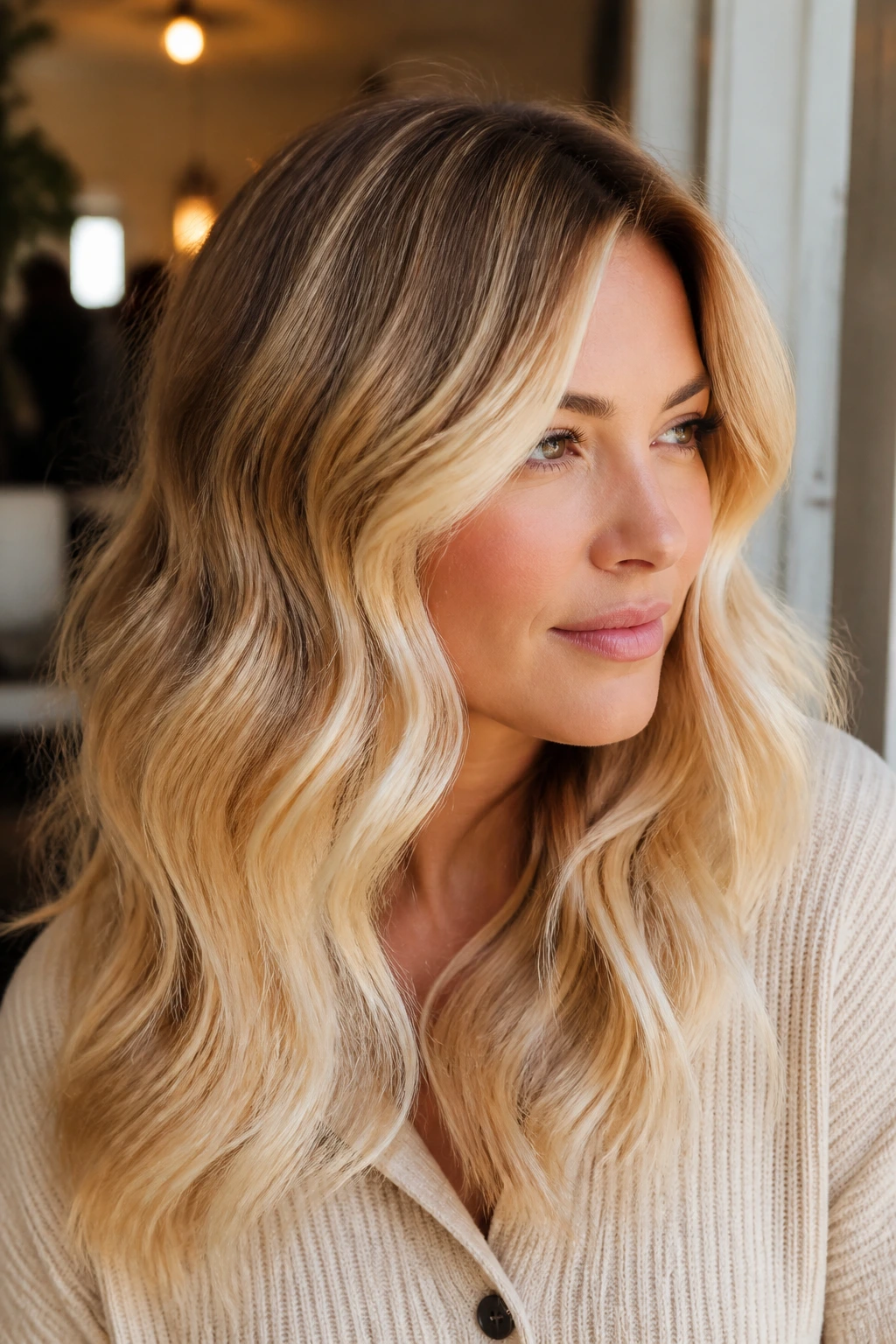 Real woman with crème brûlée blonde waves and caramel root on wavy hair