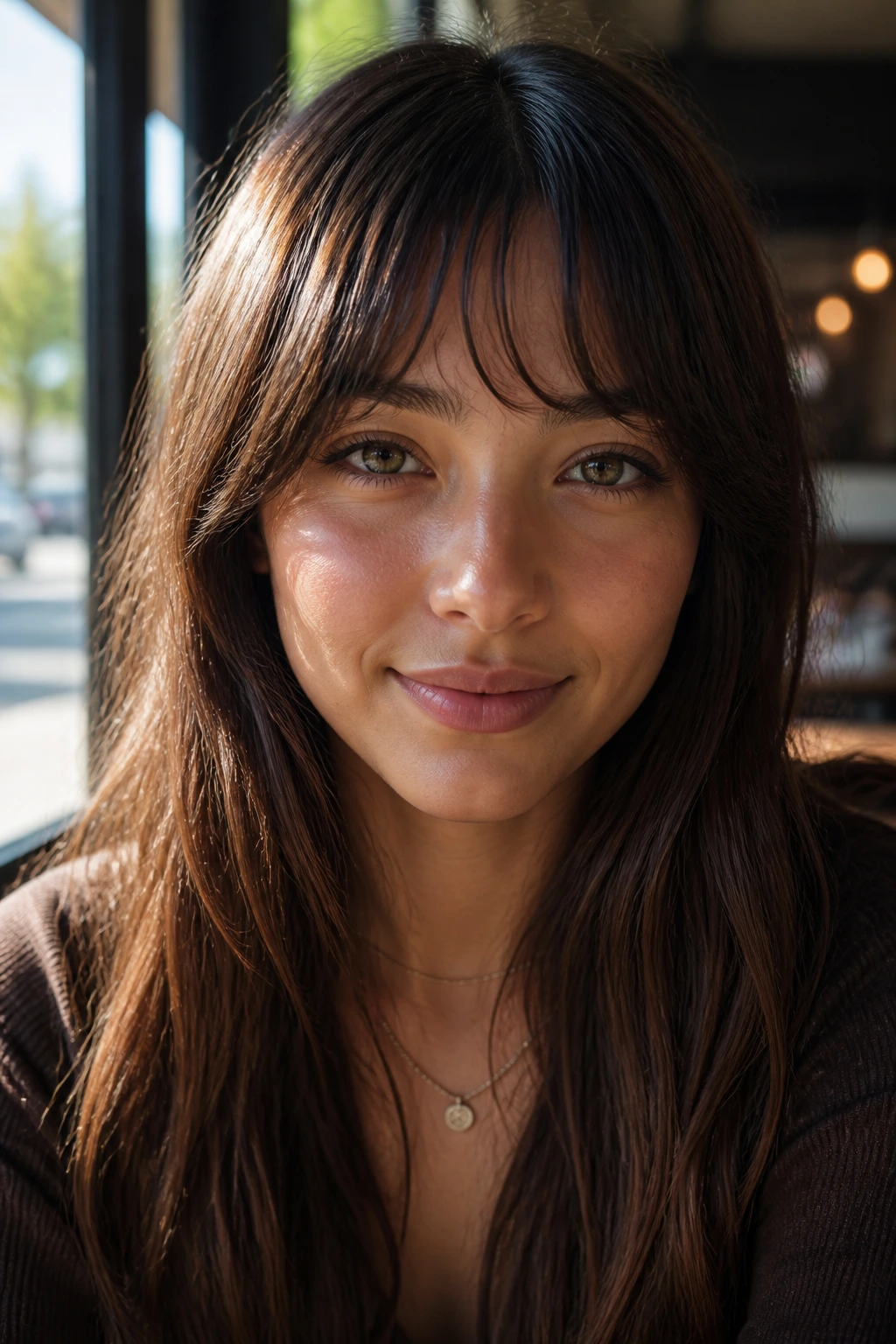 Close-up portrait of a real woman with crescent bangs curved arc.