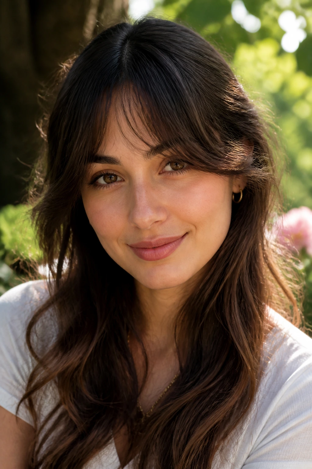 Close-up of a real woman with crescent bangs and long corners in a garden