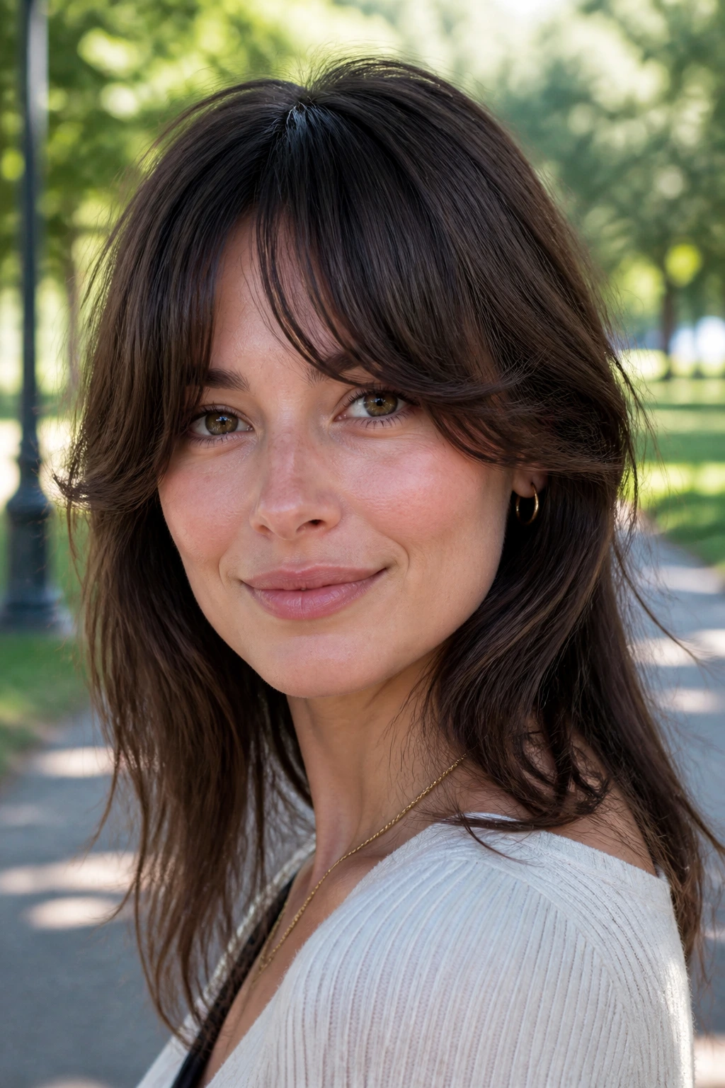 Real woman wearing crescent bangs curving around eyes in a park