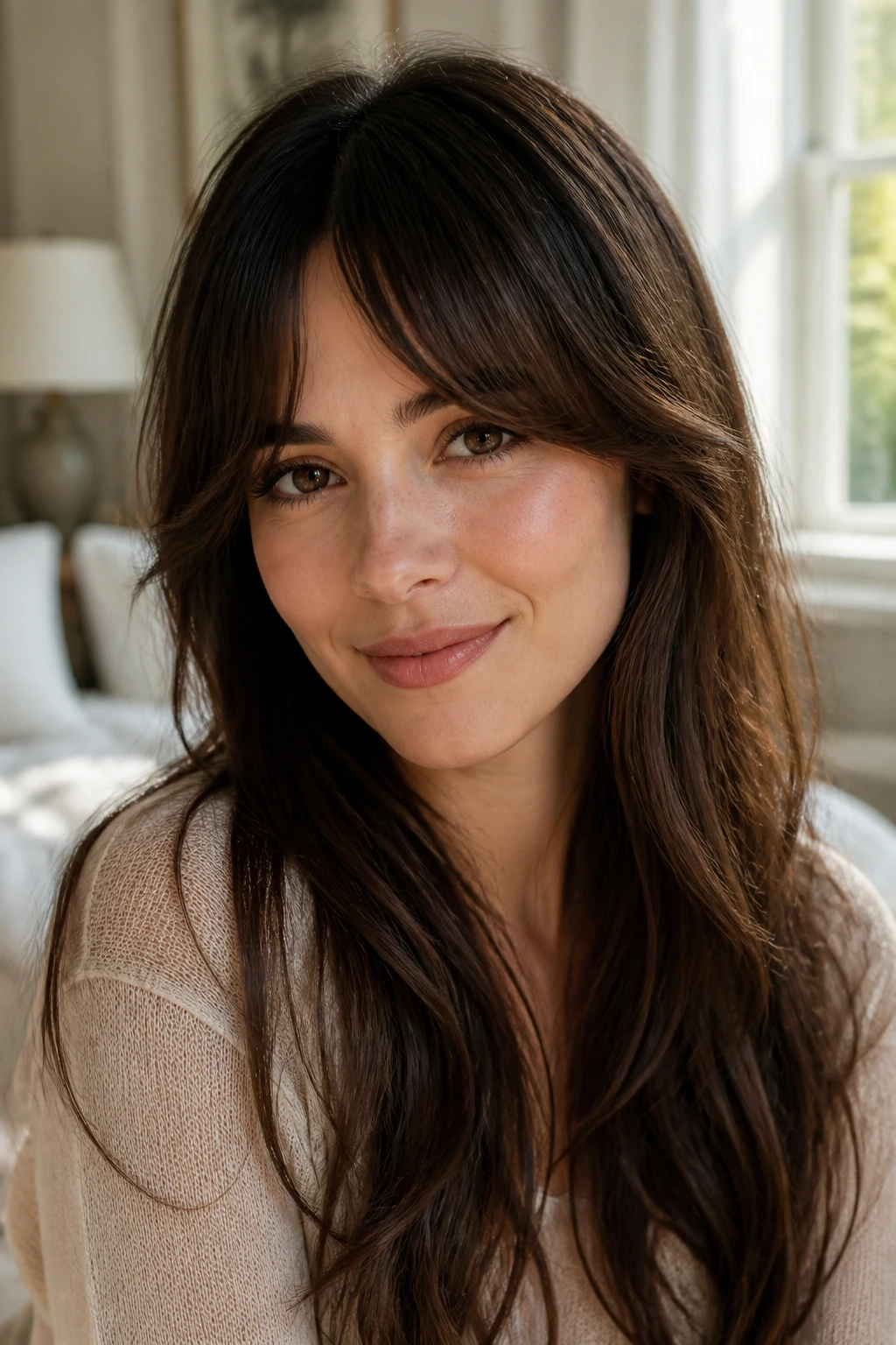 Close-up of a woman with crescent bangs opening toward the cheekbones