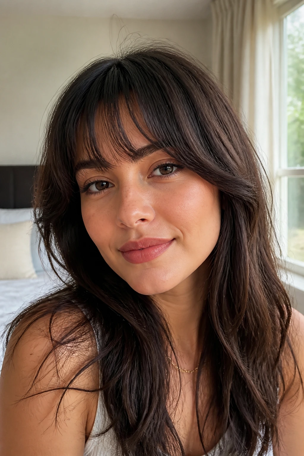 Close-up of a real woman with crescent bangs arcing across the forehead in natural light