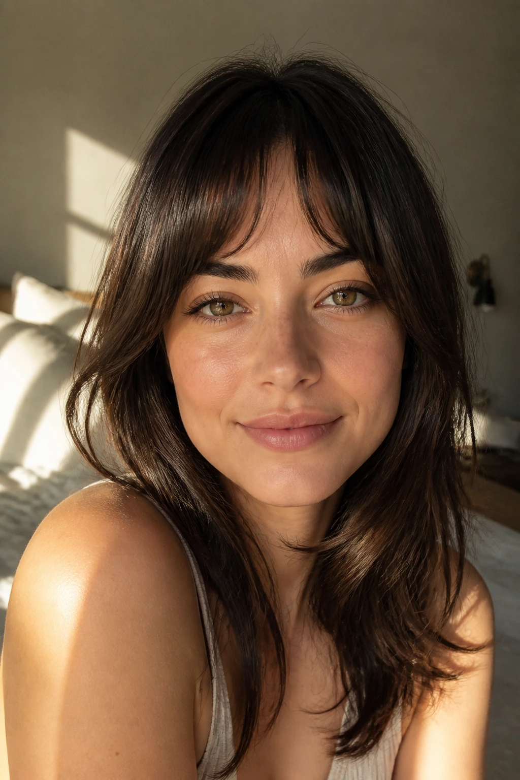 Close-up portrait of a real woman with crescent bangs in sunlit window light.