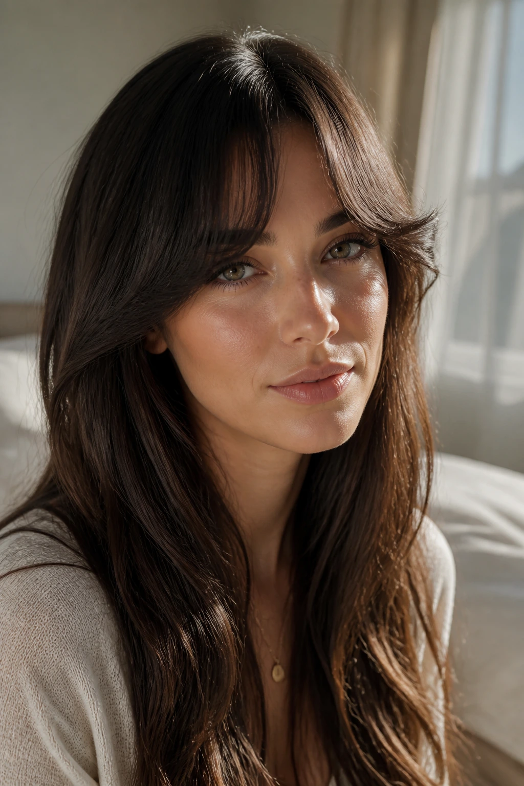 Portrait of a real woman with crescent bangs and long layered hair, in a sunlit bedroom