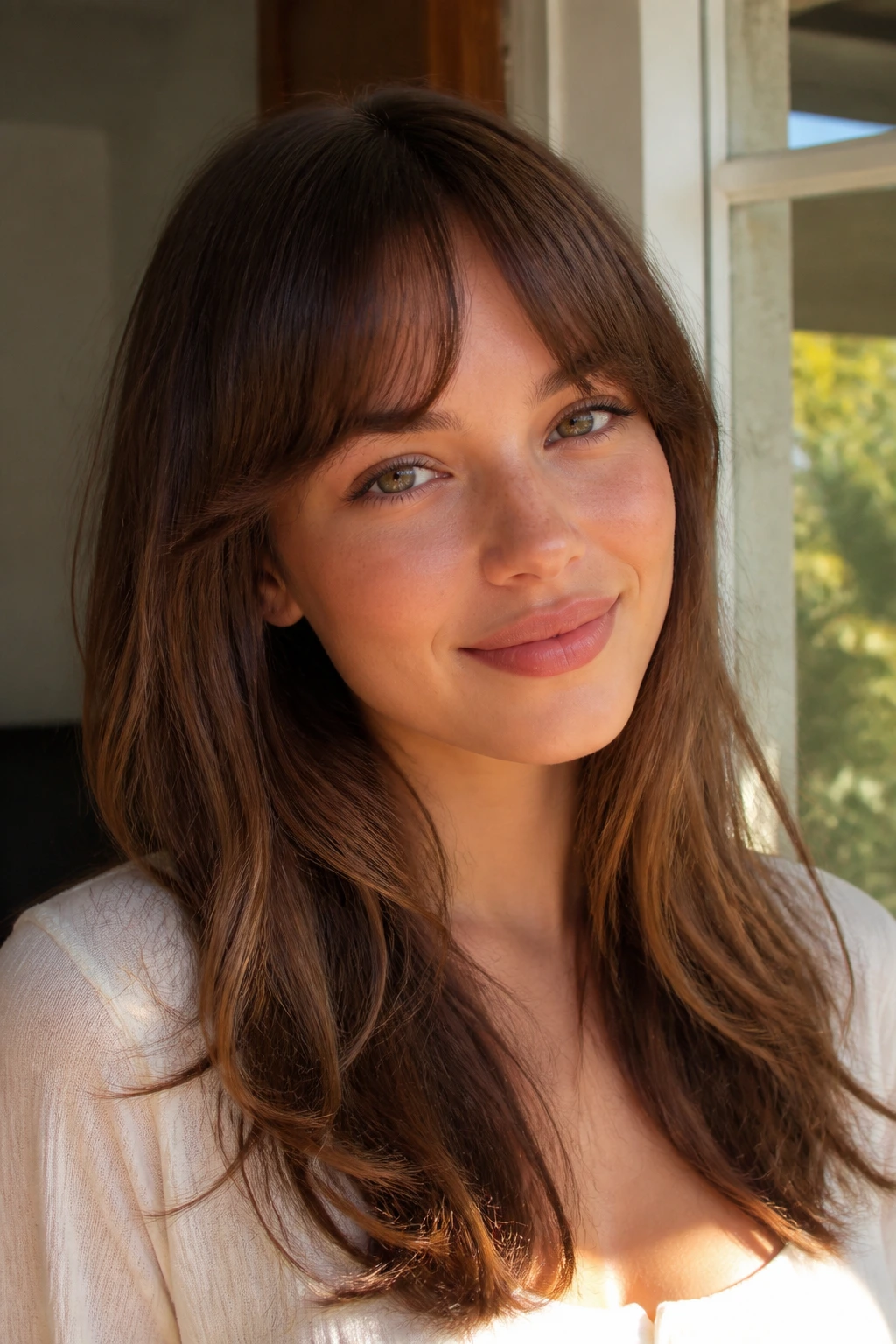 Portrait of a real woman with crescent bangs in sunlit doorway
