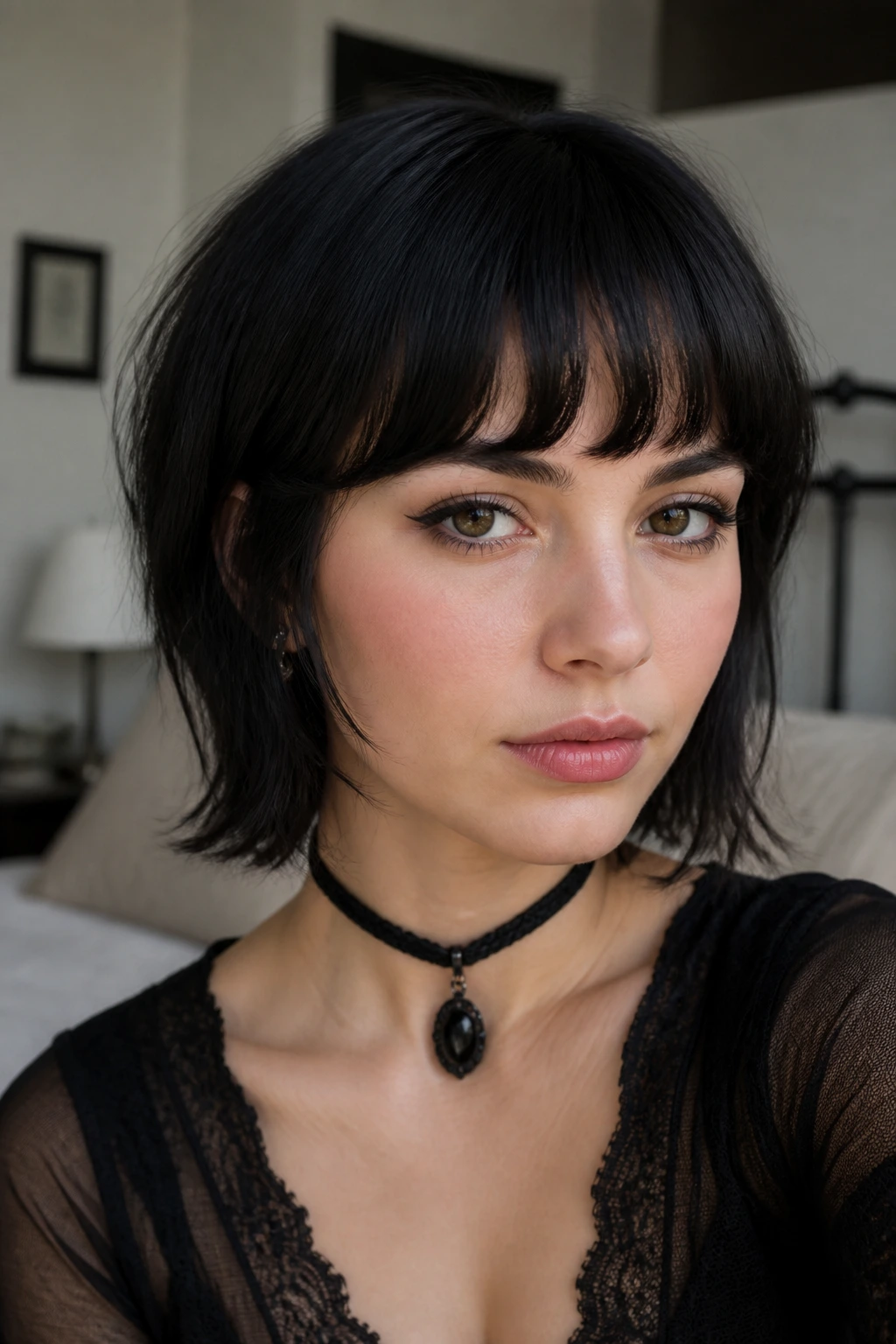 Close-up portrait of a woman with short dark hair and soft crescent bangs in warm window light