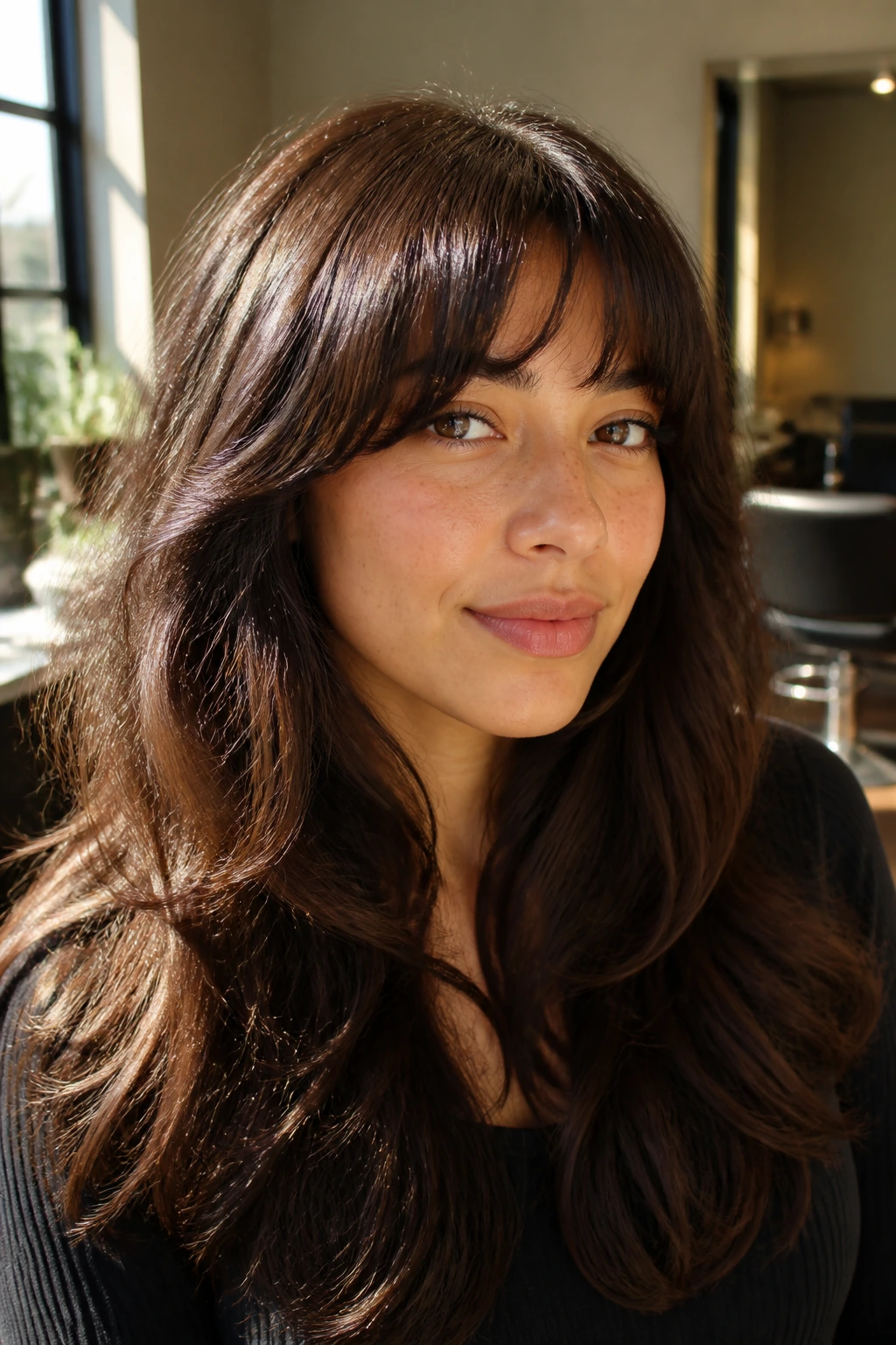 Close-up of a real woman with crescent bangs arching across the forehead