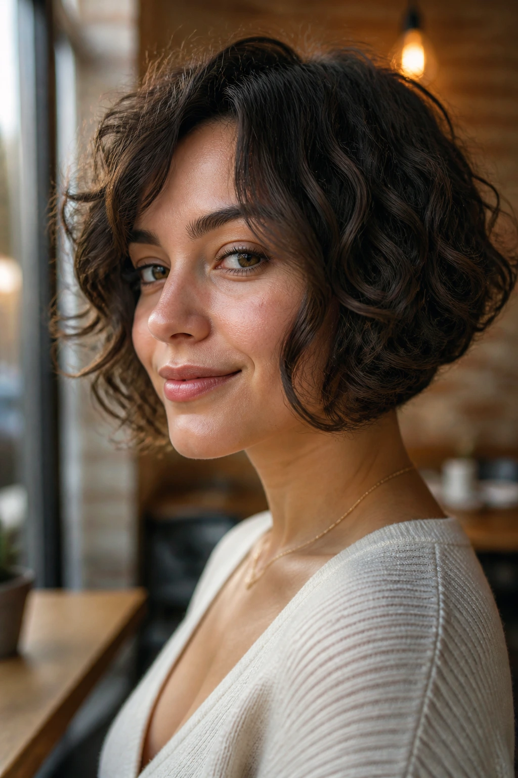 Portrait of real person with crescent bob around the face