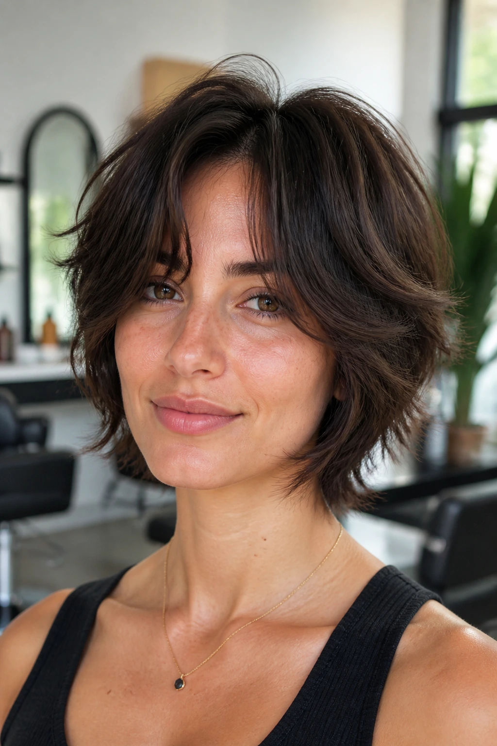 Portrait of a real person with crescent bob shag and curtain arch in a bright salon