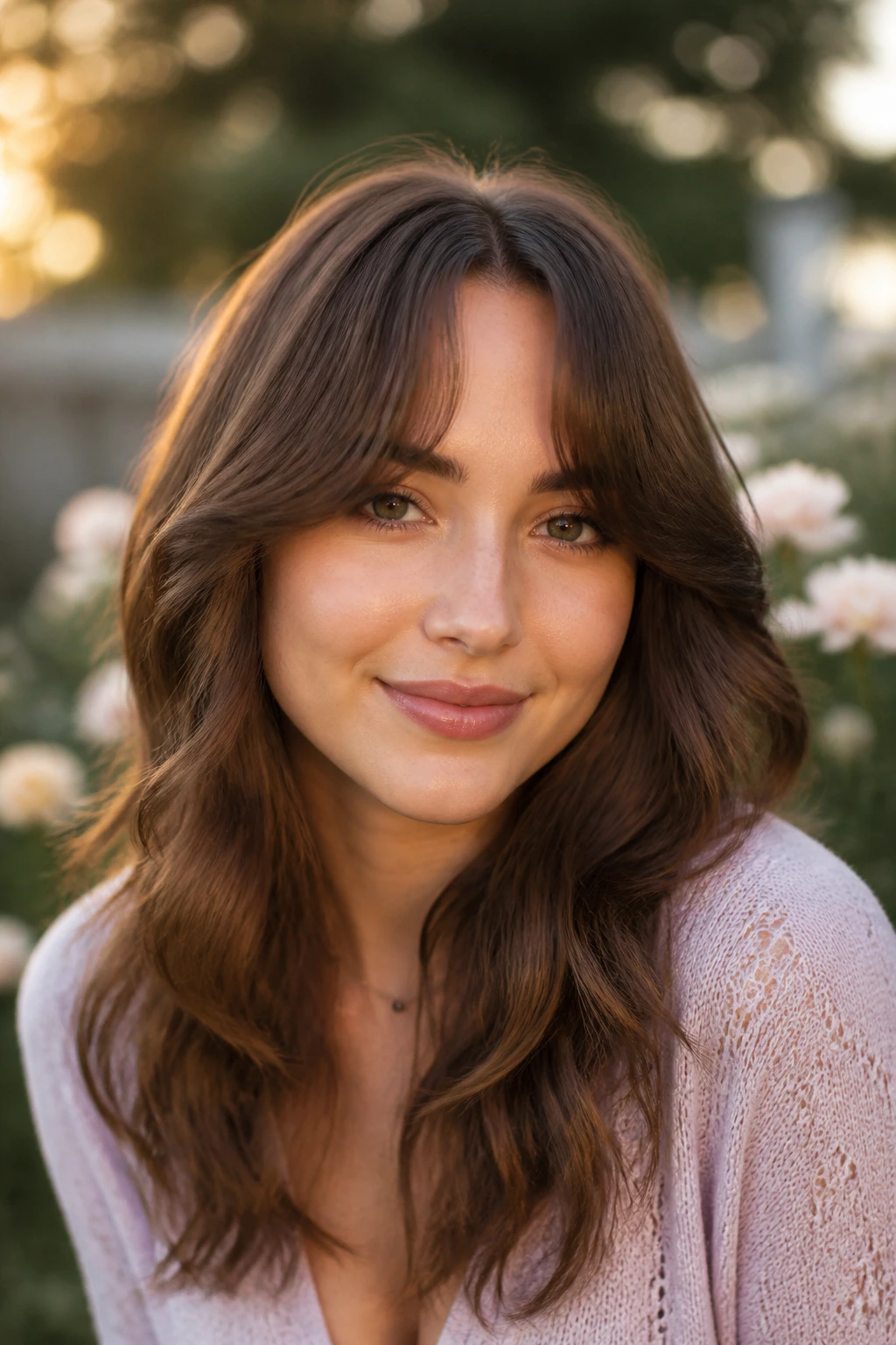 Real woman with crescent-shaped curtain bangs outdoors during golden hour
