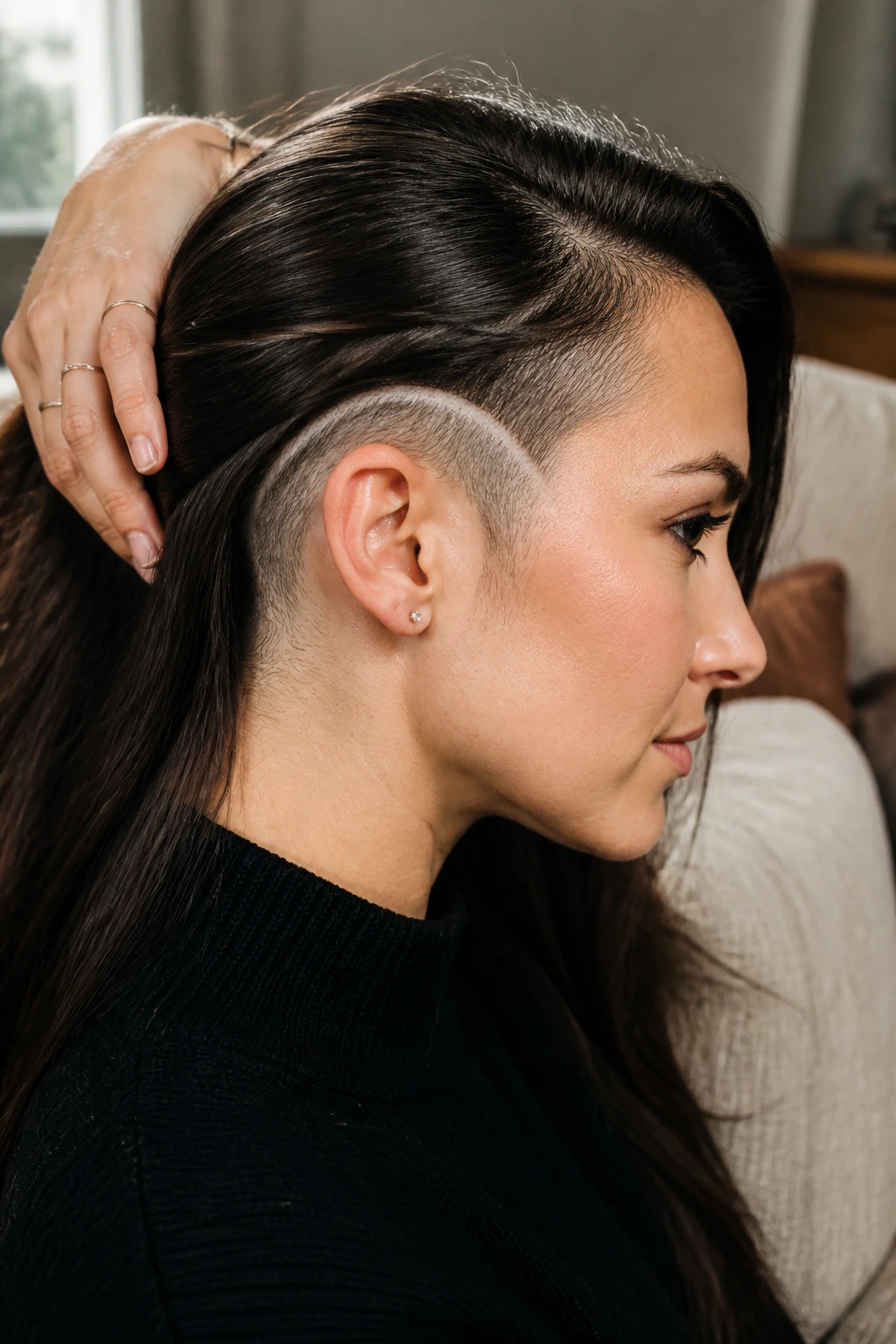 Close-up portrait of a real person with crescent ear-curve undercut, curved shaved arc around the ear.