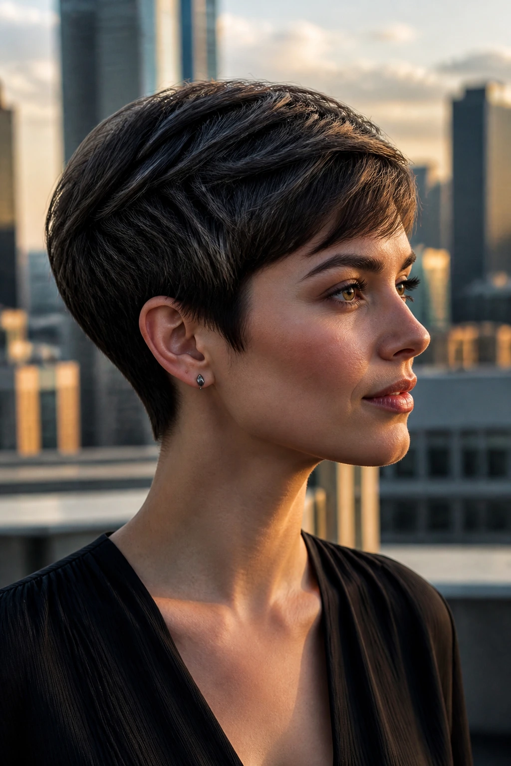 Close-up of a real woman with crescent-shaped pixie curving around the head