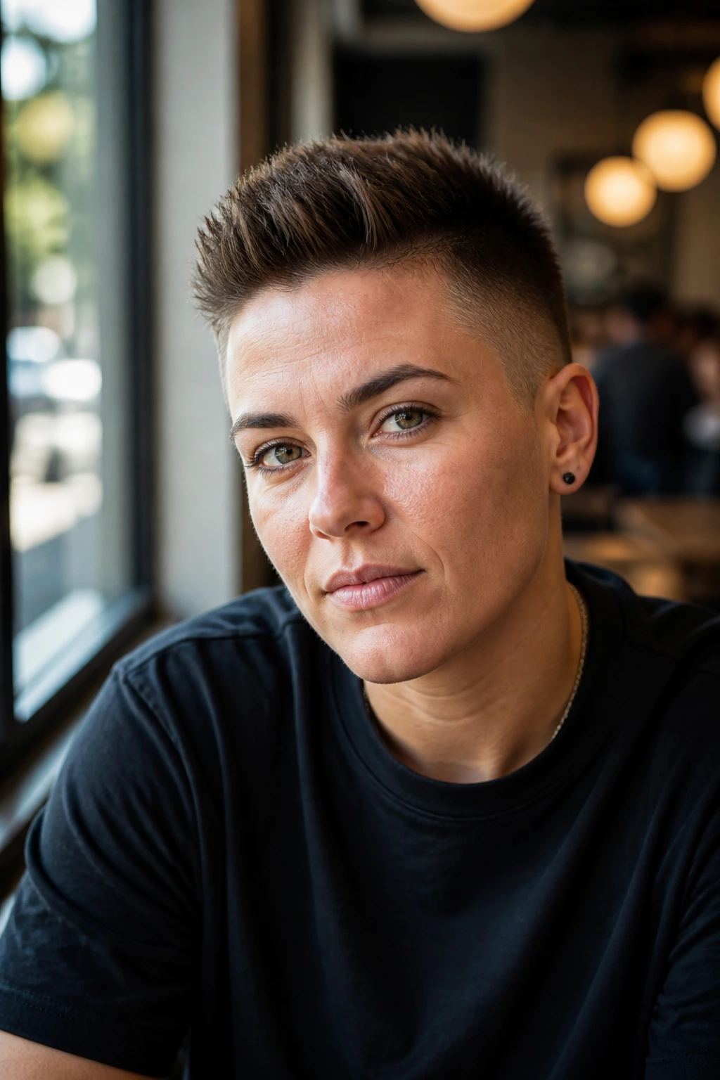 Portrait of a real person with a clean crew cut and brushed-up top, urban daylight setting