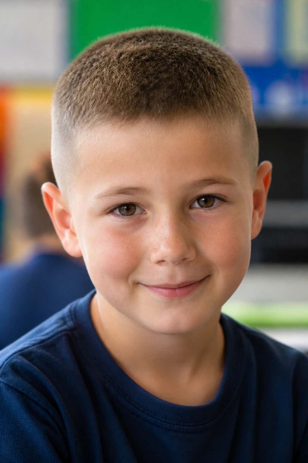 Close-up of a real child with a crew cut