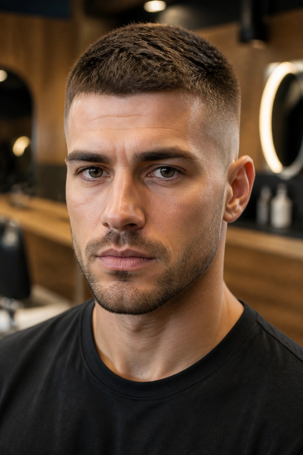 Portrait of man with crew cut showing defined top and taper