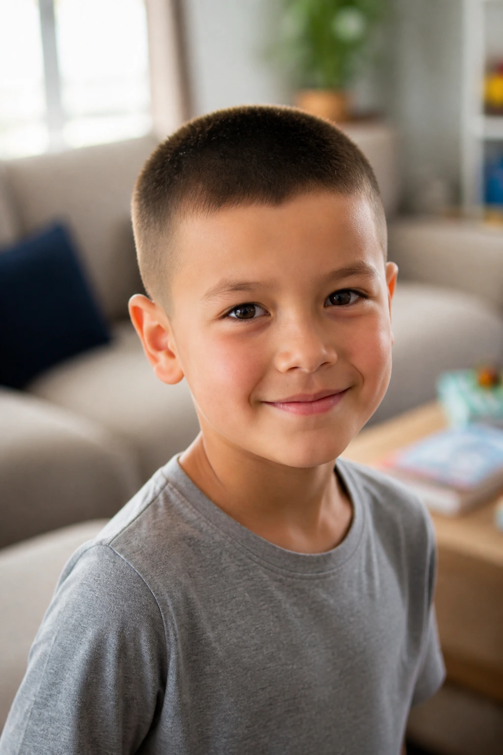 Boy with easy-to-maintain crew cut in cozy living room morning light