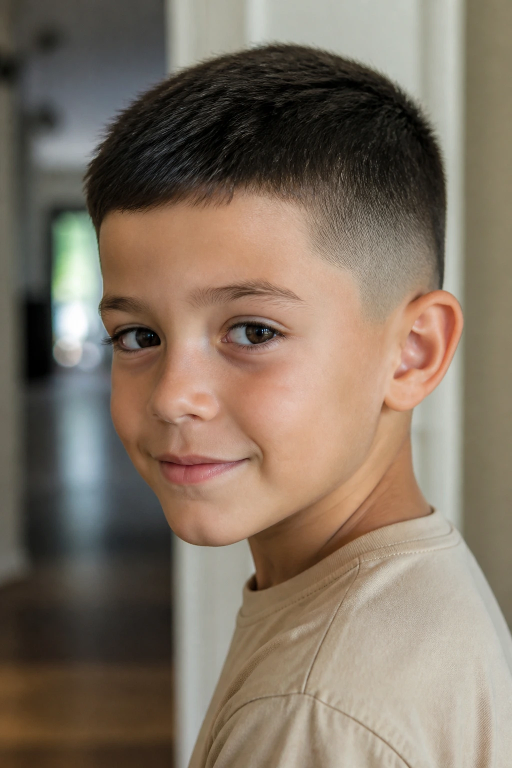 Close-up of a real boy with a classic crew cut and soft fade