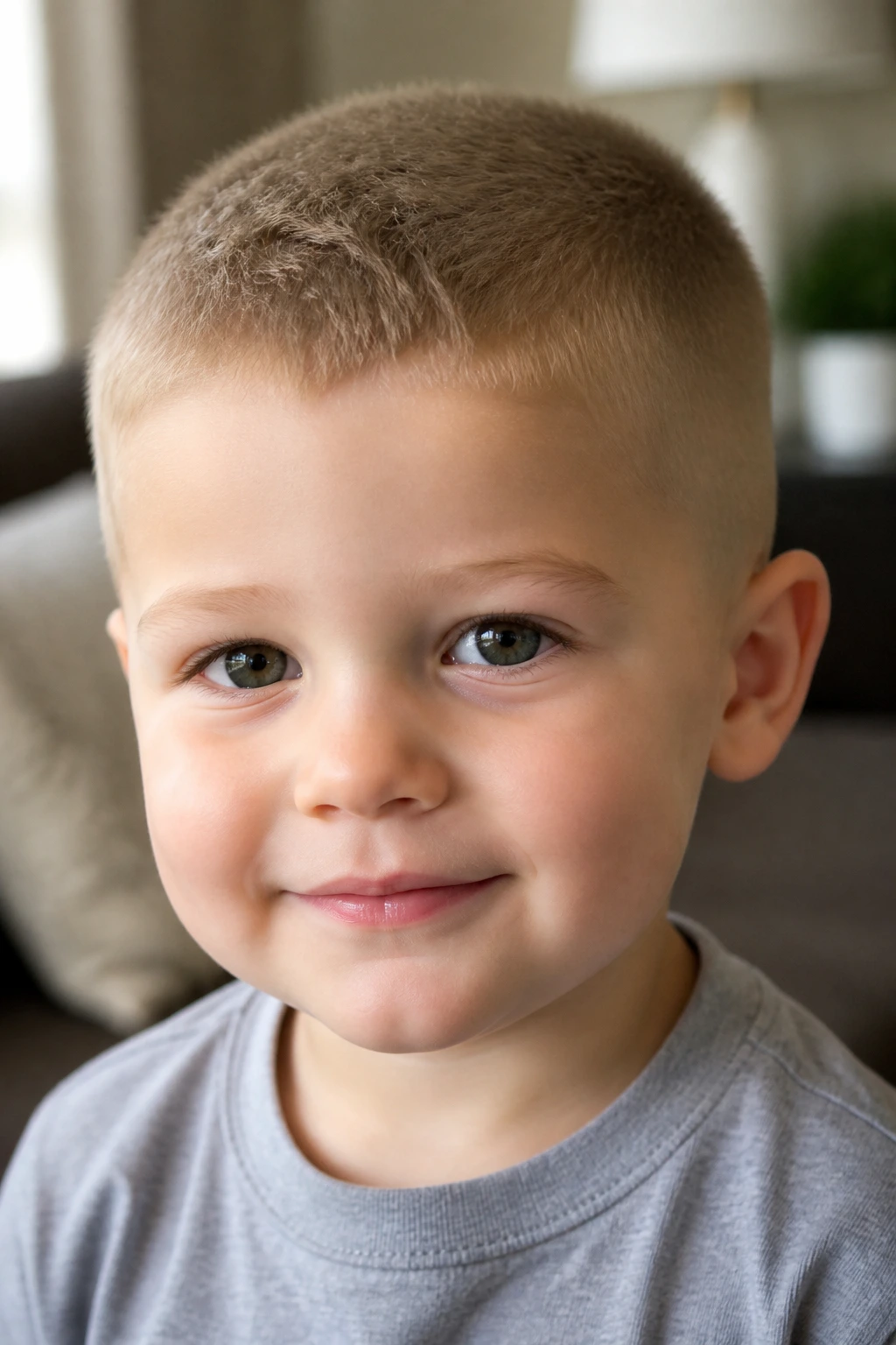 Toddler crew cut with textured hairline portrait in natural light.