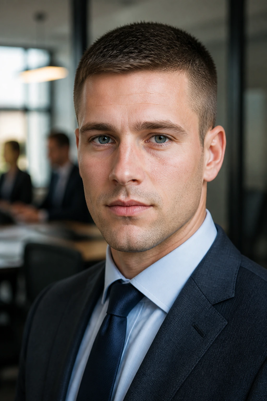 Close-up portrait of a man with a crew cut in an office environment