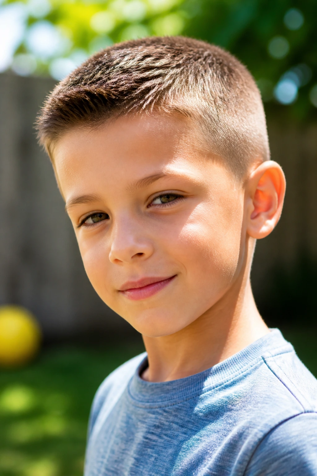 Boy with classic crew cut in sunny outdoor setting