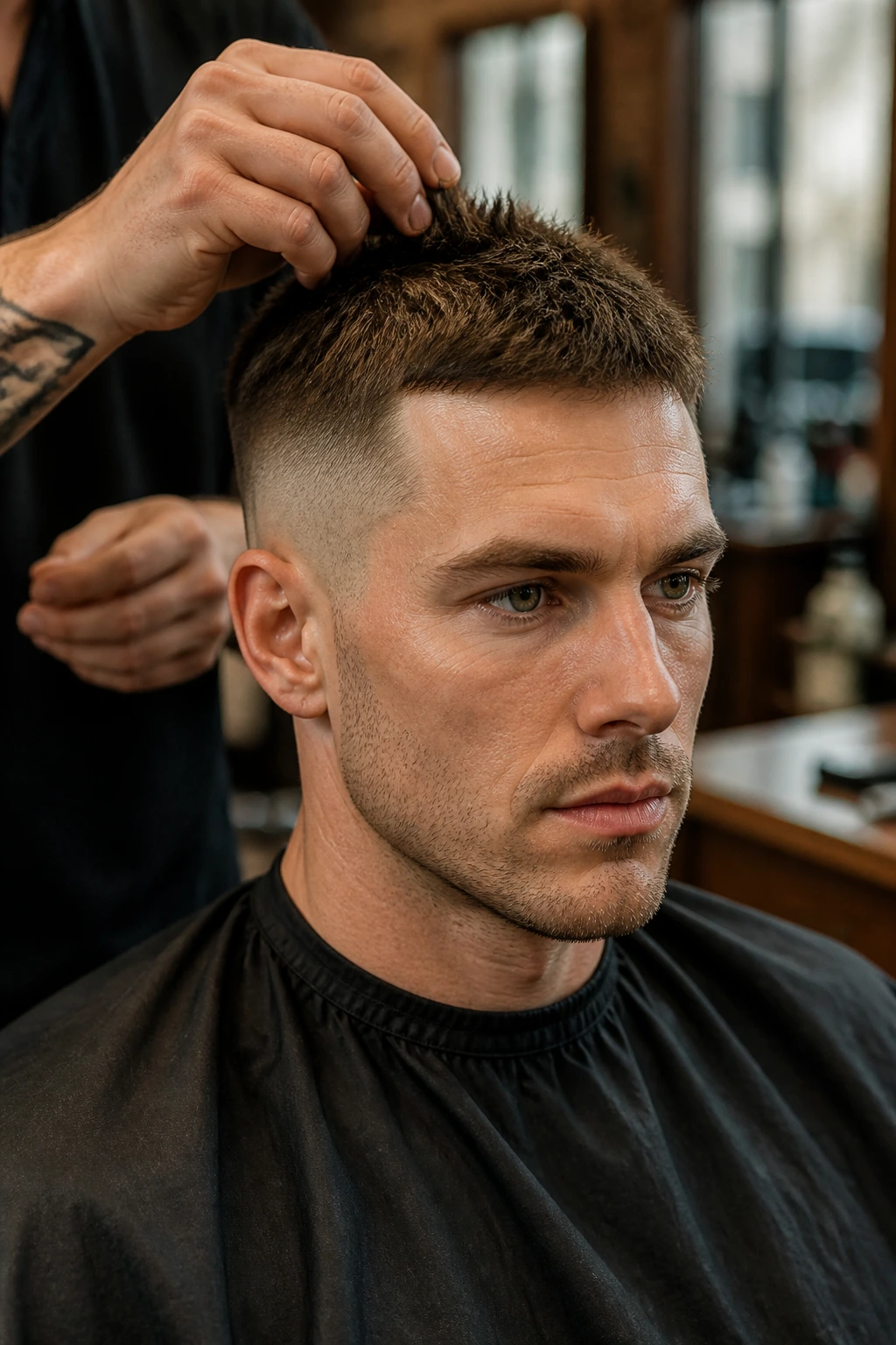 Barber chair portrait showing length guidance for a crew cut