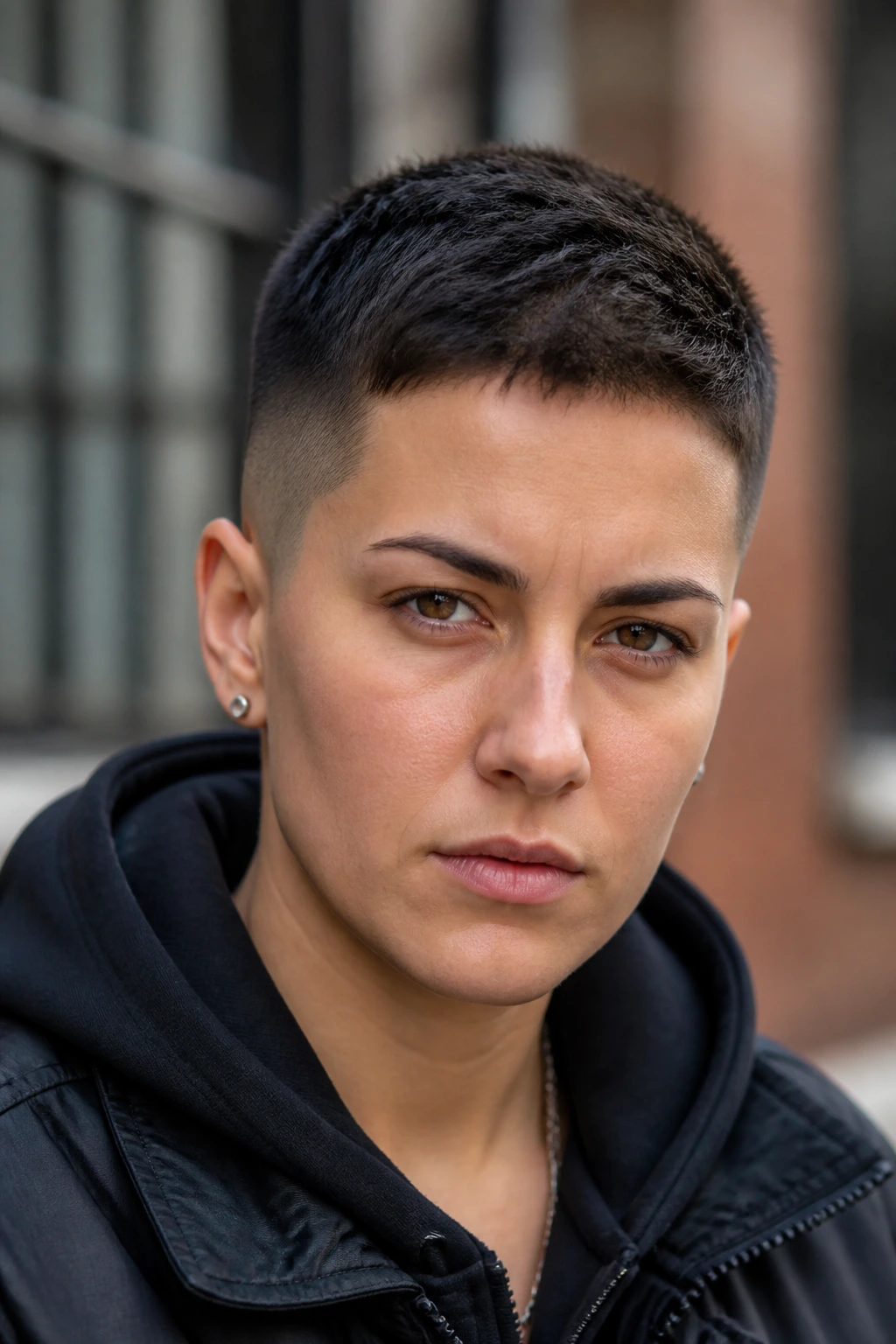 Front portrait of a real person with a crew cut and low fade in soft daylight.