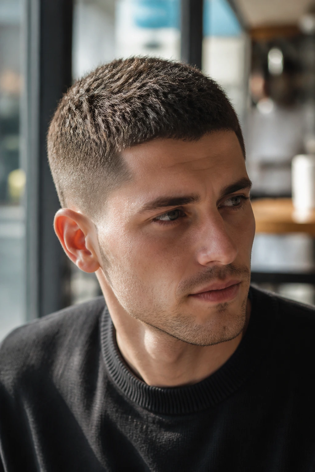 Man with crew cut and low taper in cafe setting.