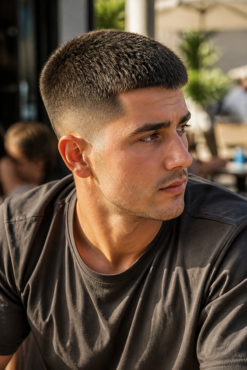 Portrait of a man with crew cut and mid taper in outdoor cafe lighting