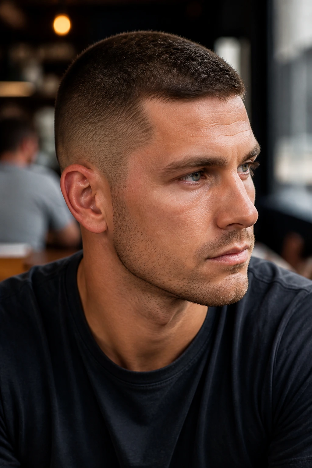 Close-up of a real man wearing a short crew cut in a casual setting.