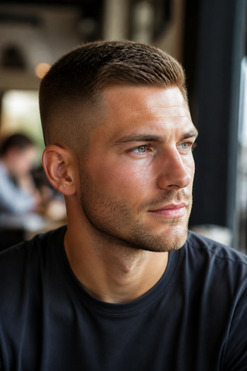 Close-up portrait of a man with a crew cut in a casual indoor setting