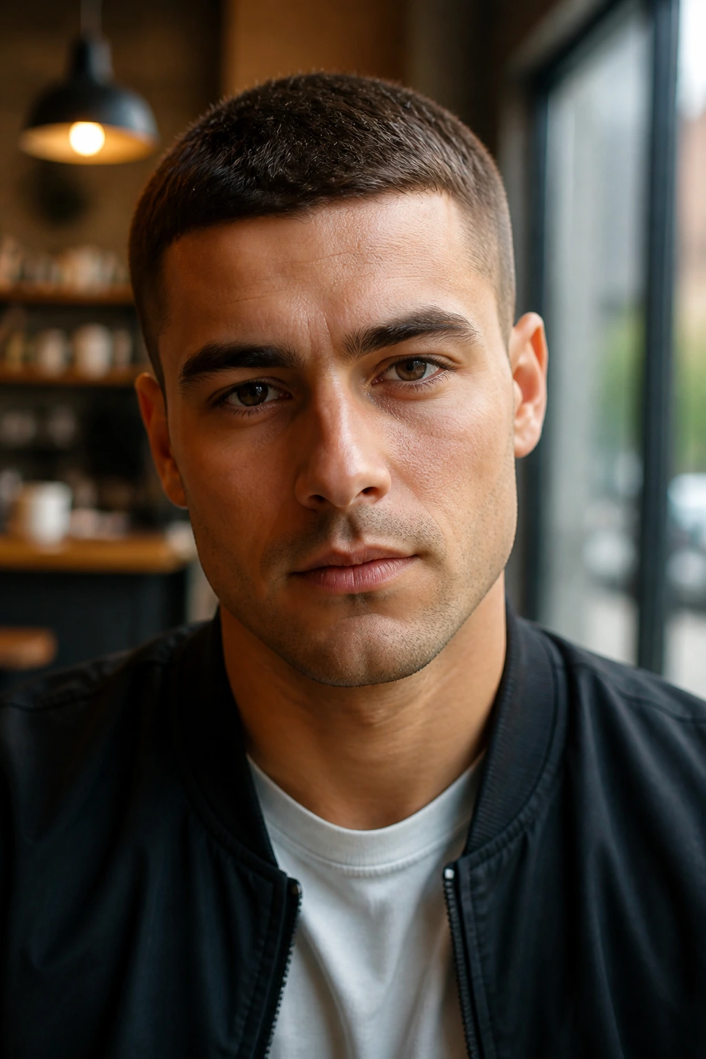 Close-up portrait of a man with a clean crew cut in a coffee shop