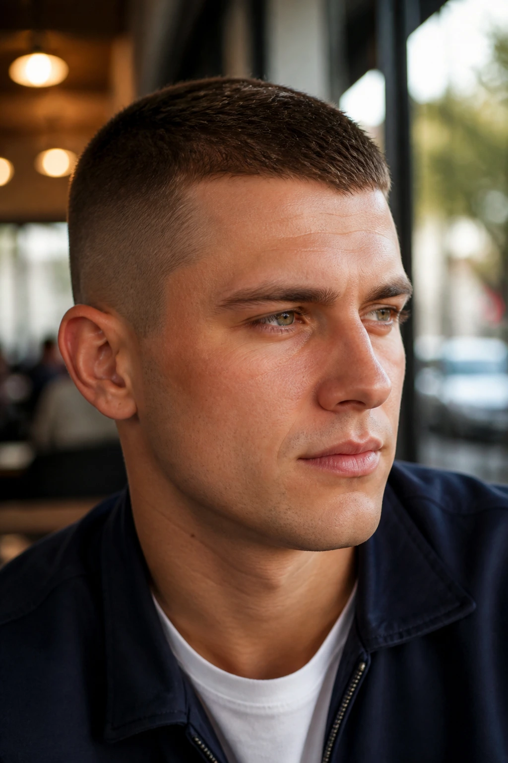 Medium close-up of a man with a crew cut in a sunlit cafe