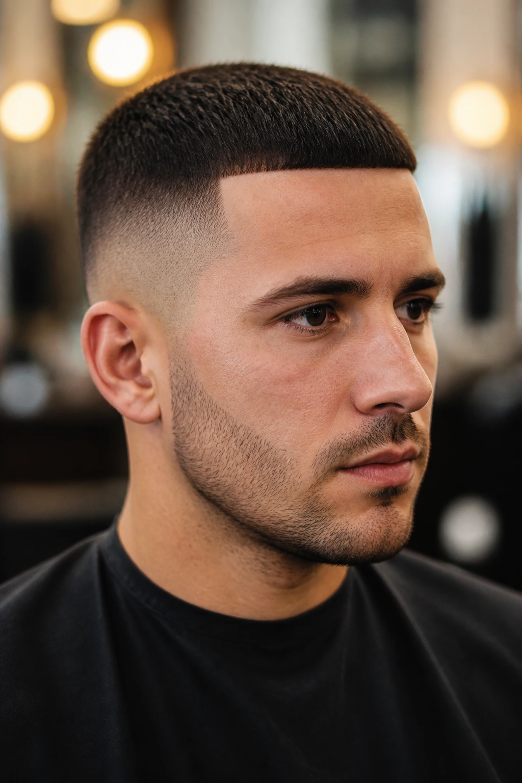 Man with crew cut and precise line-up portrait in a clean barber-shop interior