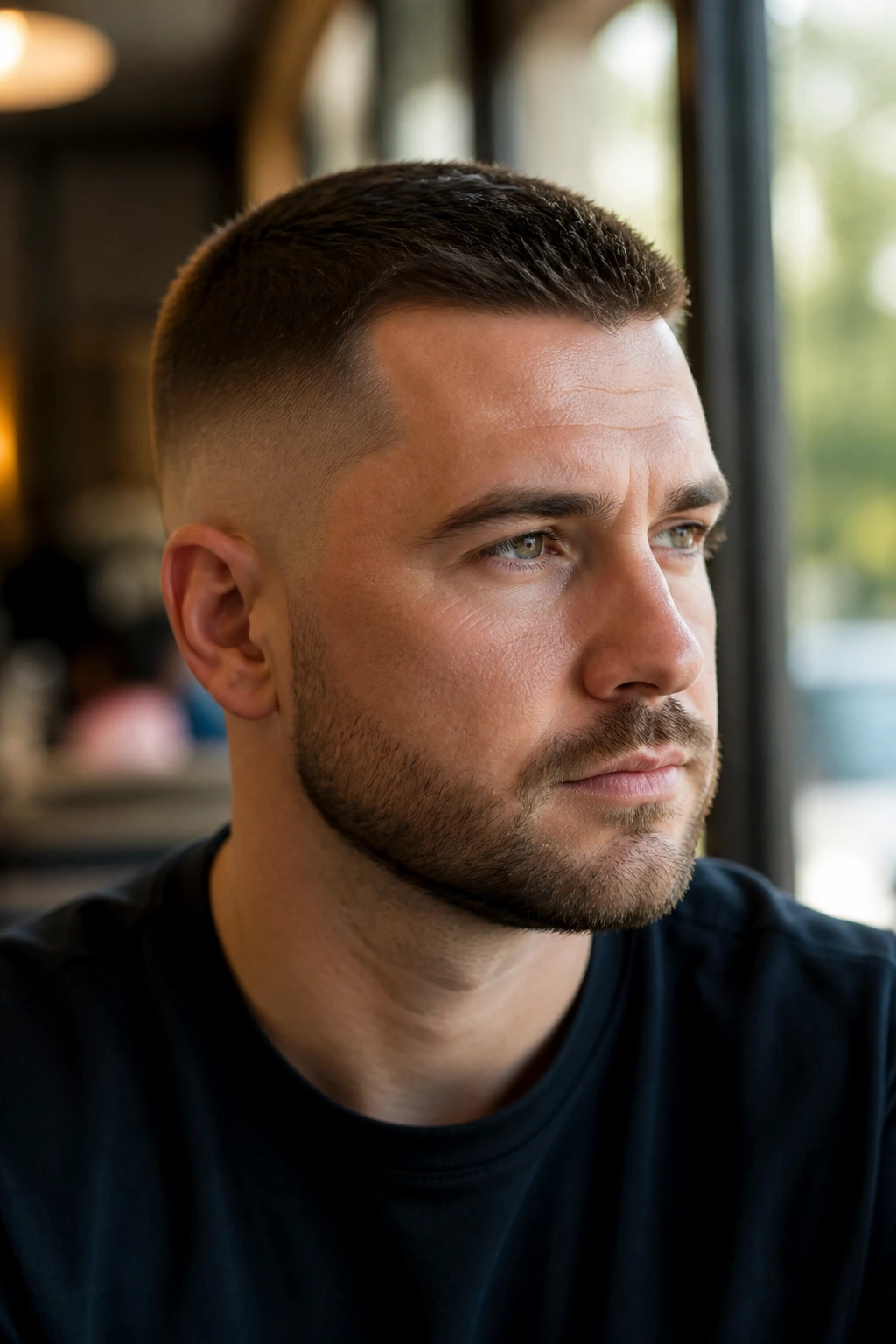 Real man with well-proportioned crew cut showing crown and front edge balance
