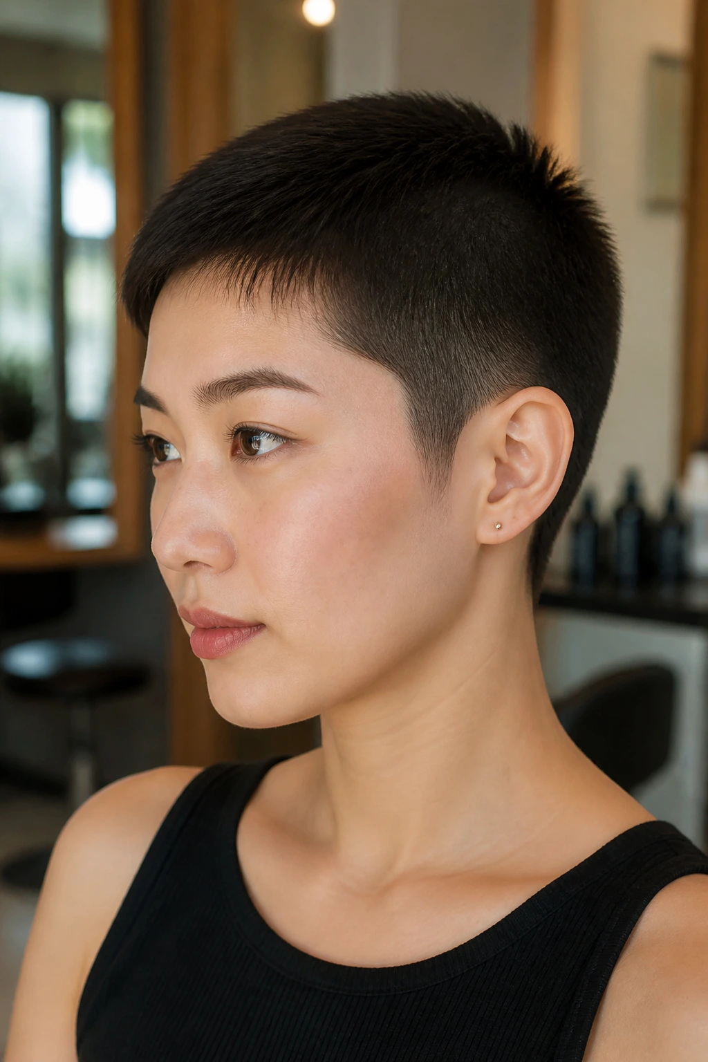 Portrait of a real woman with crew cut and soft edges