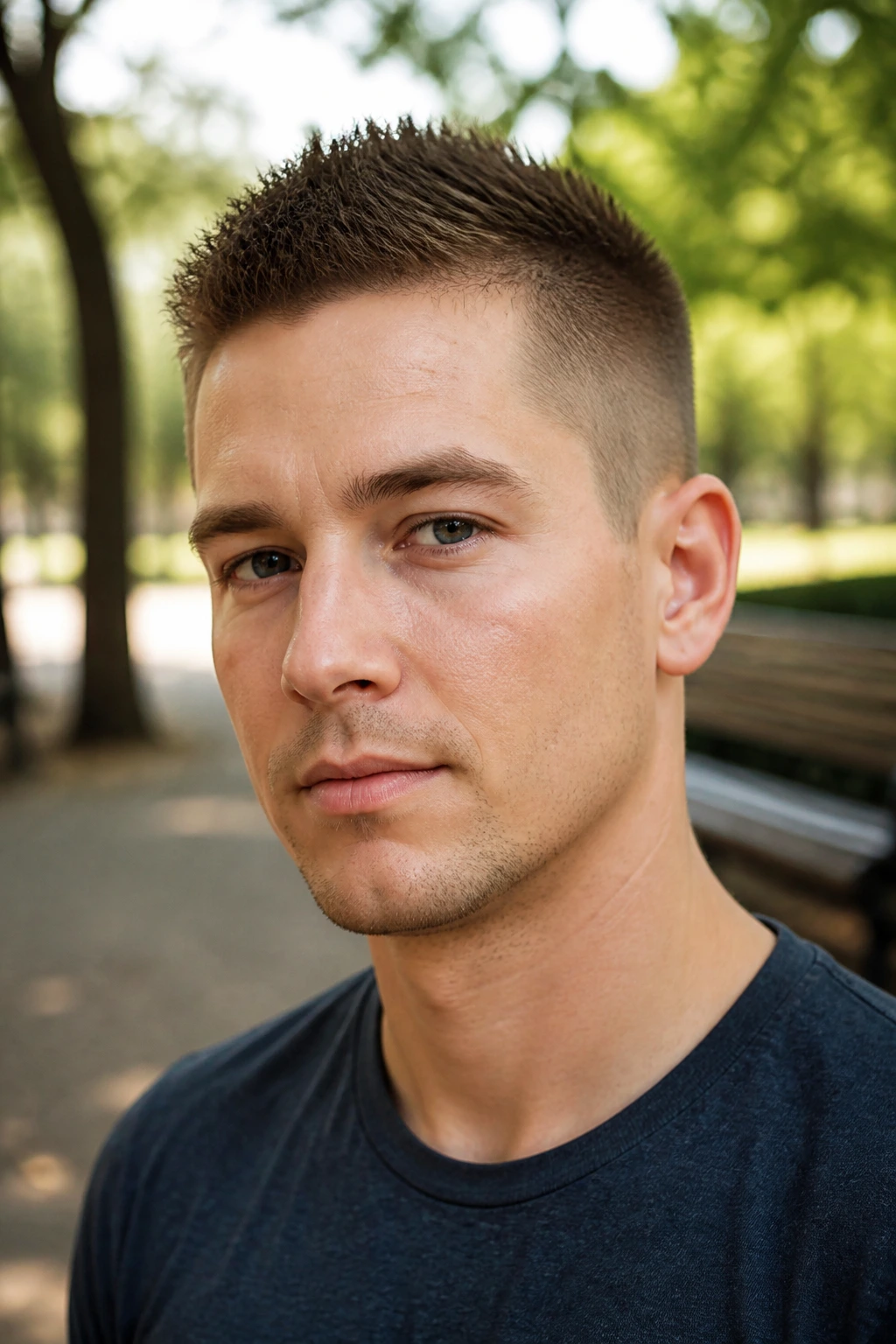 Close-up of a man with a crew cut and slight front lift in a park setting