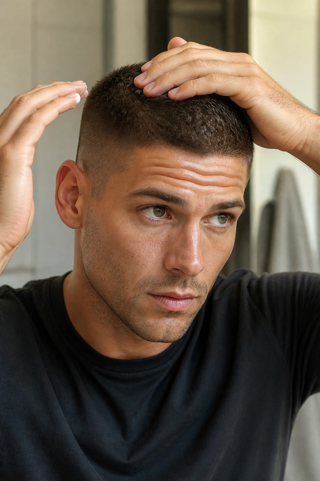 Close-up portrait of man with crew cut being styled in a bathroom