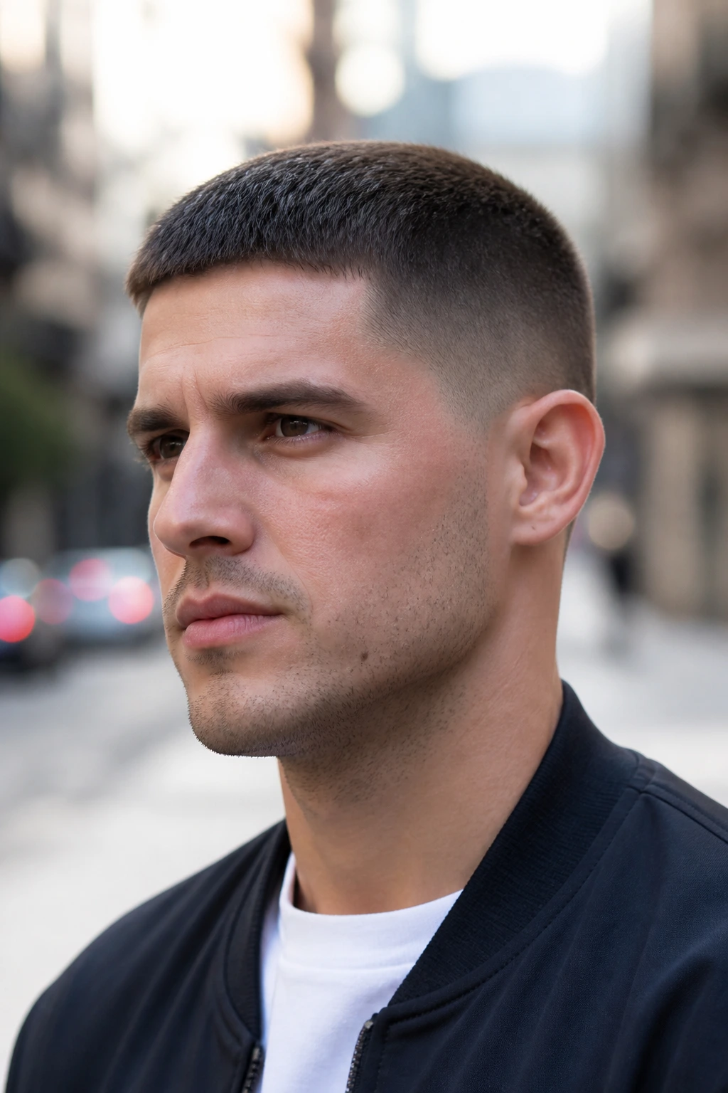 Close-up of real person with a crew cut taper.