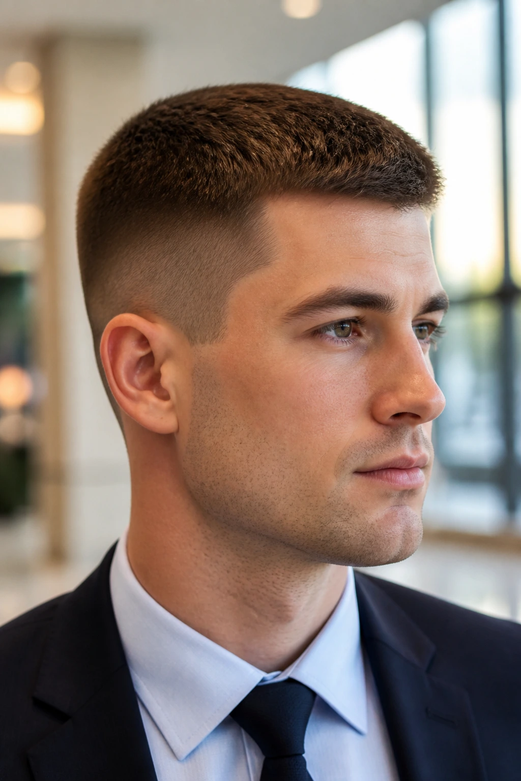 Close-up of man with crew cut and taper in office environment