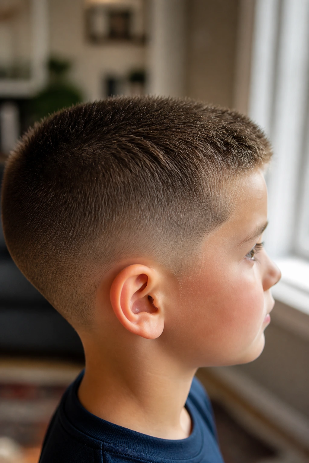 Close-up portrait of real young boy with crew cut and taper in warm home lighting