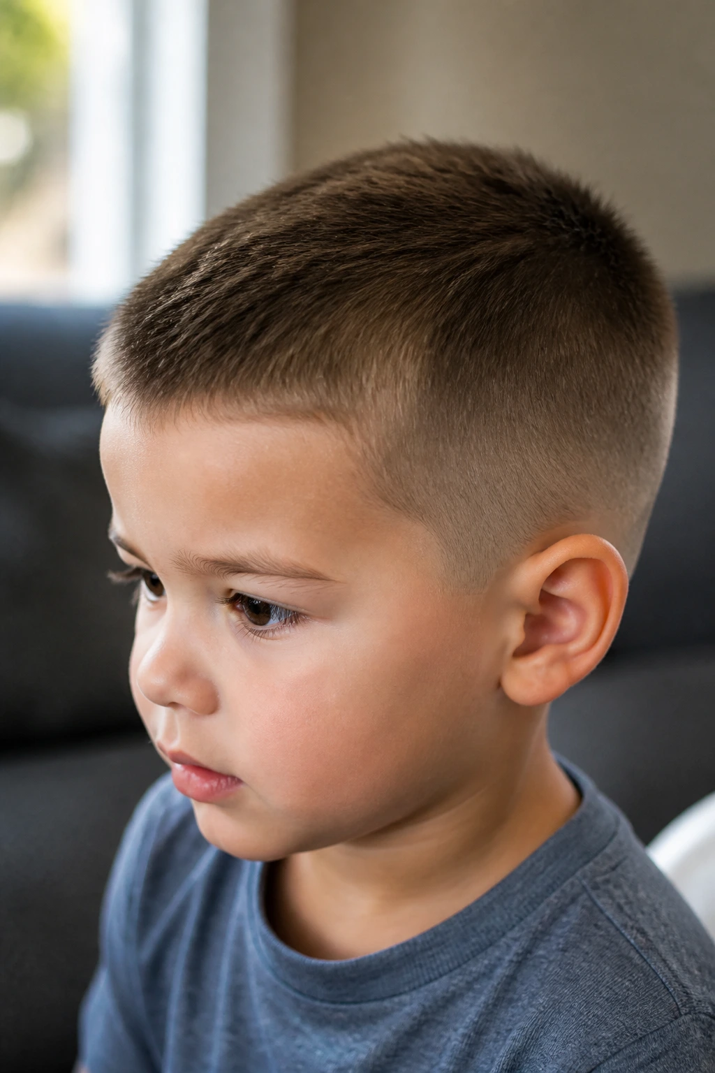 Toddler crew cut with tapered sides in natural light