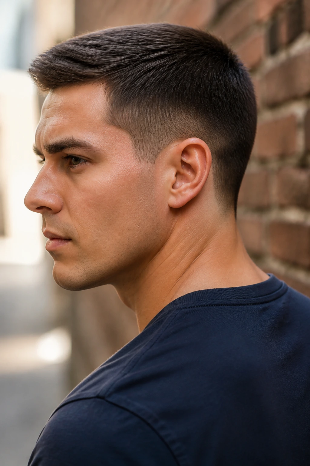 Man with crew cut and tapered neck in portrait