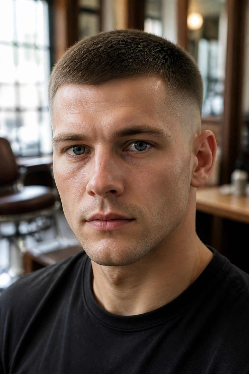 Close-up portrait of a man with a classic crew cut in a barbershop.