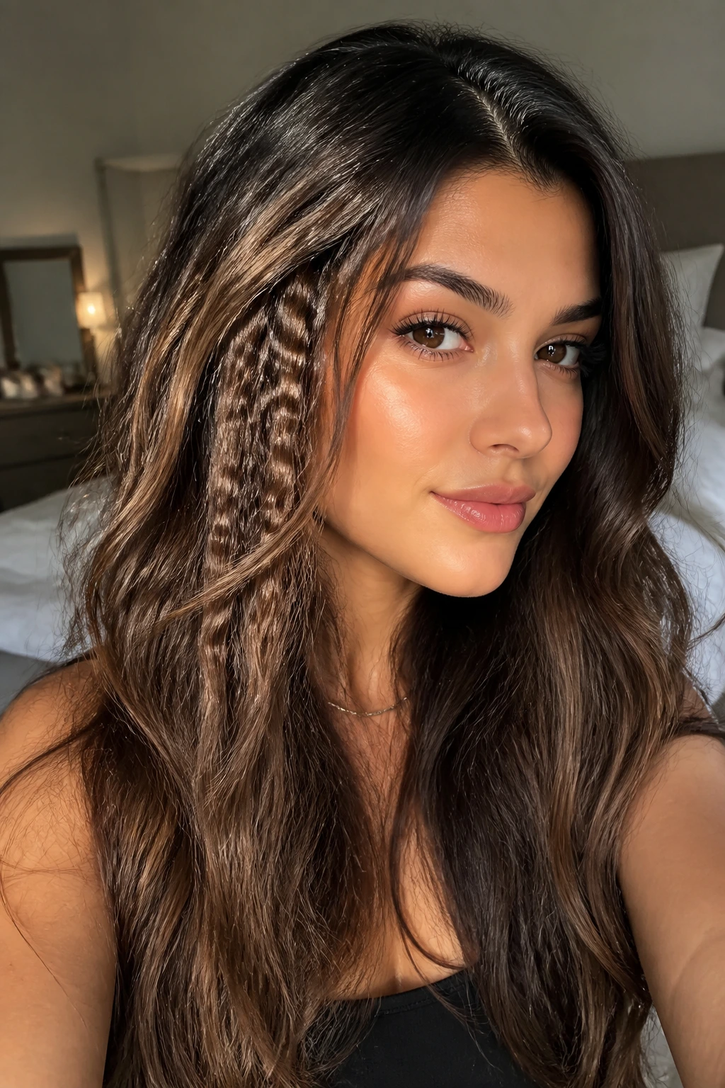 Portrait of a woman with subtle underlayer crimp blended into smooth long hair