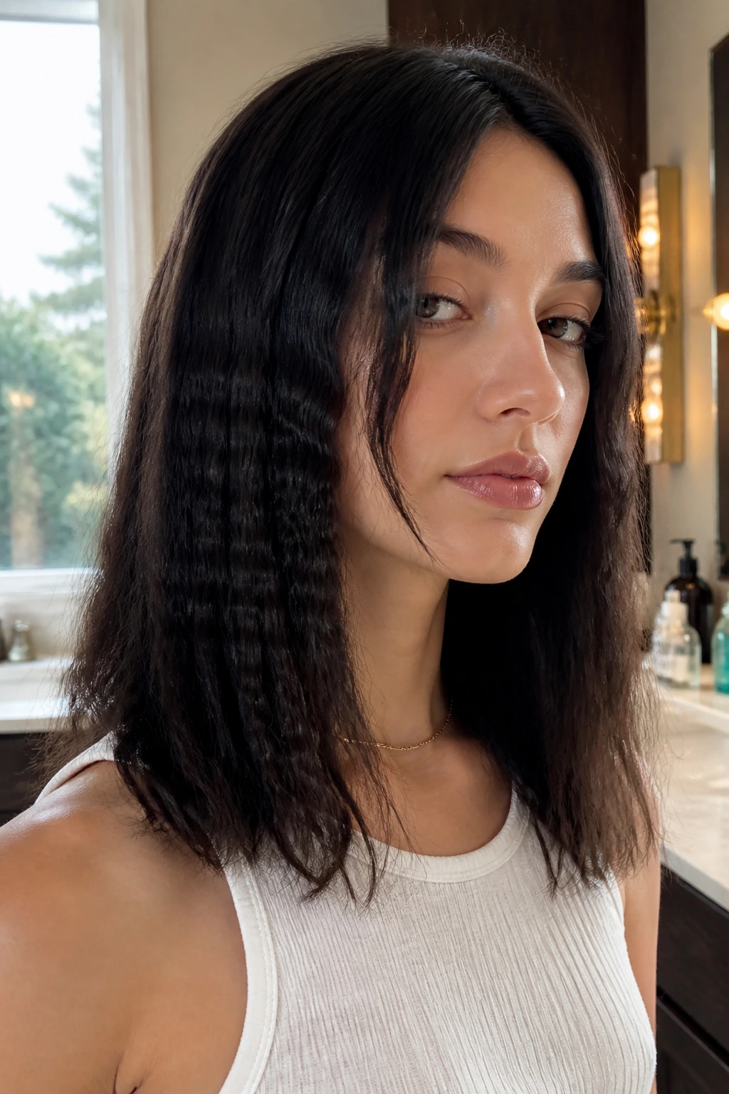 Close-up of crimped mid-length panels on long wavy hair in a real person