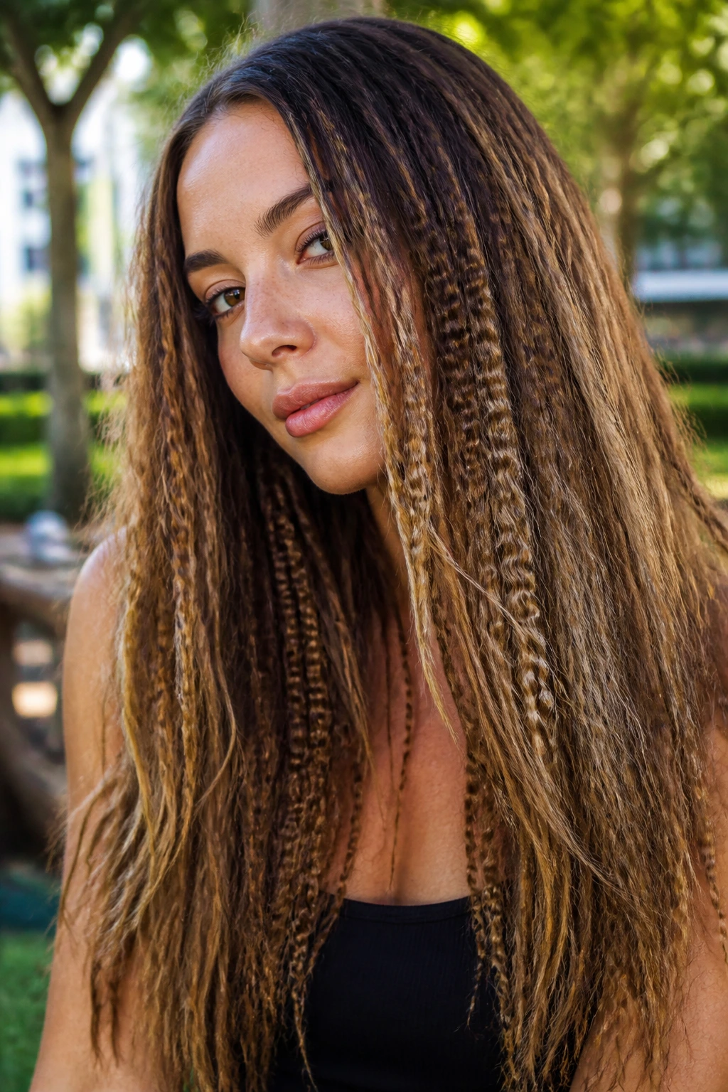Medium close-up of crimped hair with varied textures outdoors
