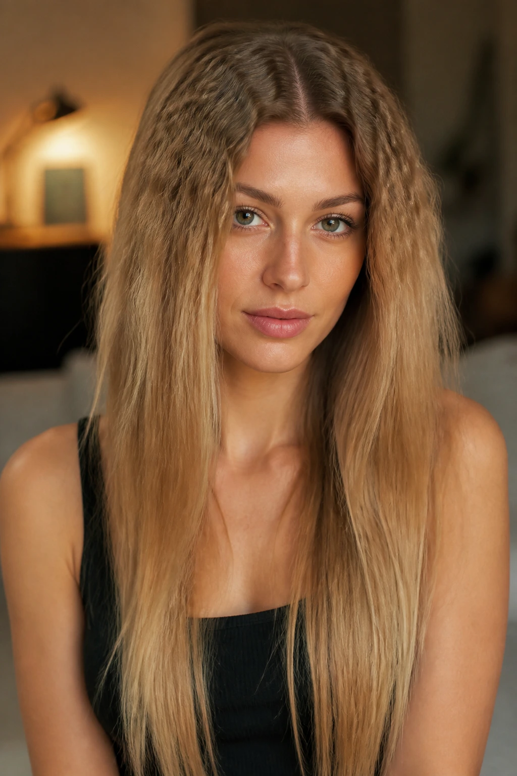 Close-up of real woman with crimped-base waves and straight ends