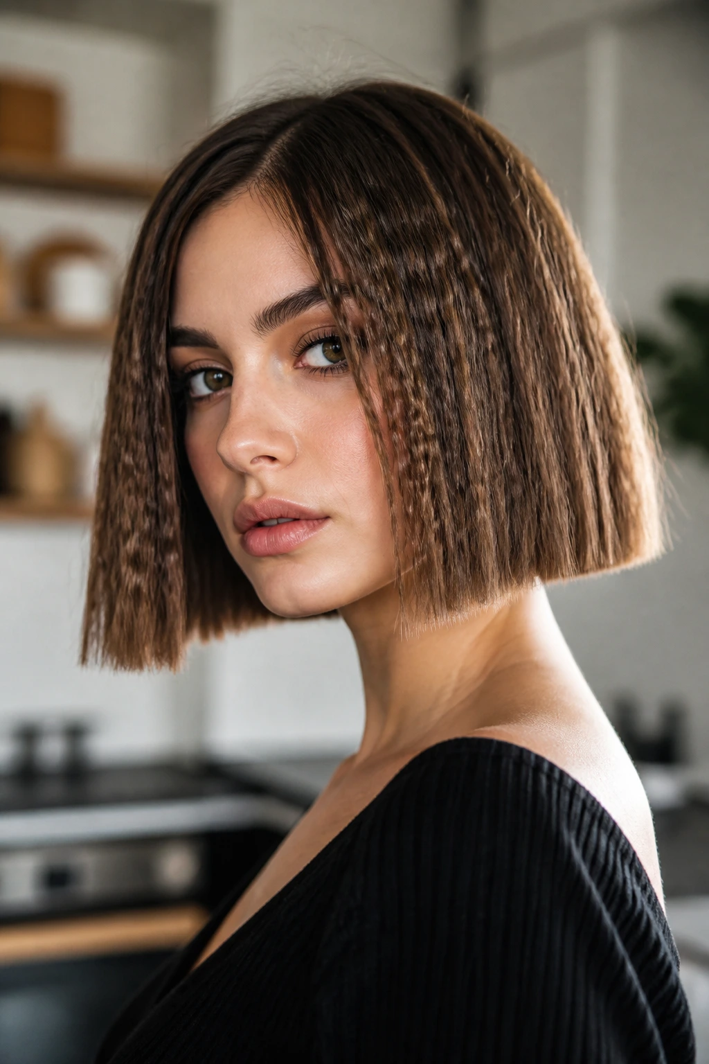 Crimped bob with blunt ends on real person, crisp edge